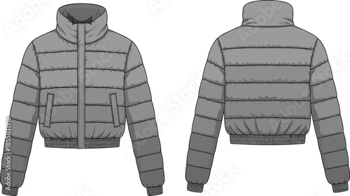 Cropped puffer jacket technical sketch, front and back view, quilted design, high collar, zipper closure, flap pockets, garment template, vector