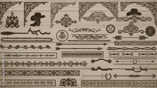 A large collection of old western design elements, embellishment, borders and divider lines.
