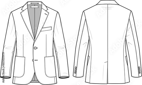 Men's blazer technical fashion sketch, front and back view, notched lapel, patch pockets, two-button closure, garment template, vector