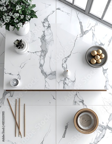 Overhead shot White marble table with minimalist decor, atop white tiled floor, near window providing natural light
