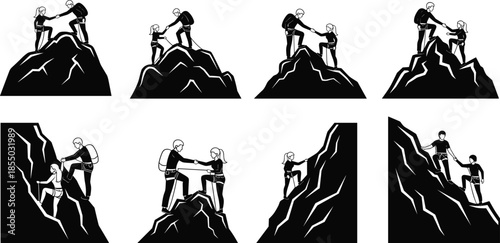   
Mountain climbing teamwork, helping climbers, outdoor adventure, black silhouettes, hiking support, climbing gear, rocky terrain, vector icons, mutual aid, silhouette set