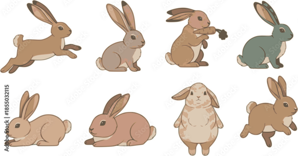 Obraz premium Vector set of cute rabbits in cartoon style. Bunny pet silhouette in different poses. Hare and rabbit colorful animals collection. 