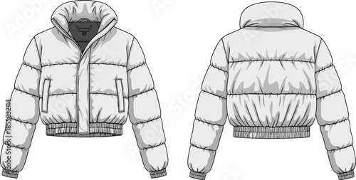 Puffer jacket technical fashion sketch, front and back view, quilted design, high collar, zipper closure, elastic cuffs, garment template, vector