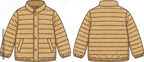 Quilted jacket technical fashion sketch, front and back view, button closure, slanted pockets, padded design, elastic hem, garment template
