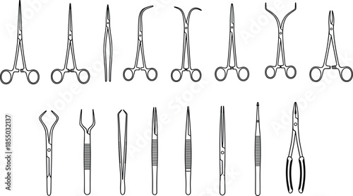 Surgical instrument silhouettes, black vector set, medical tools, forceps and clamps, scissors and tweezers, healthcare icons, silhouette pack, operating room gear, sterile equipment, anatomy tools