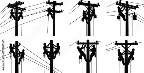 Utility worker silhouettes, power pole maintenance, black vector set, electrical line icons, safety gear 