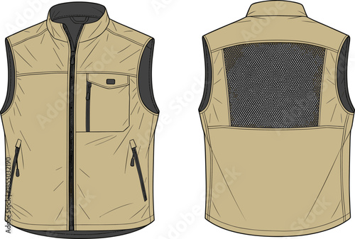 Sleeveless utility vest technical sketch, front and back view, zip closure, mesh back panel, flap chest pocket, garment template, vector