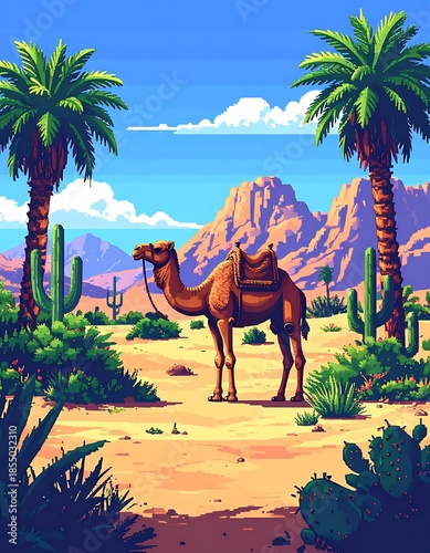 Pixel art desert scene with a camel, cacti, palm trees, and mountain backdrop under a bright, blue sky