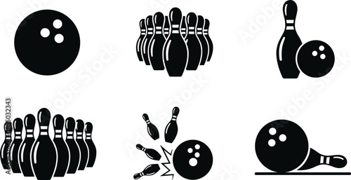 Bowling icons, ball and pins, black vector set, sport silhouette, strike motion, bowling clipart, game equipment, bowling action, bowling symbols, bowling illustration