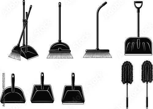Cleaning tool silhouettes, broom and dustpan, push broom icons, snow shovel vector, feather duster clipart, black set, household gear, silhouette pack, cleaning equipment, sanitation graphics