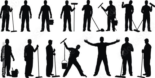 Cleaning worker silhouettes, janitorial poses, black vector set, mop and broom icons, sanitation tasks, maintenance clipart, silhouette pack, cleaning gear, hygiene tools, service staff