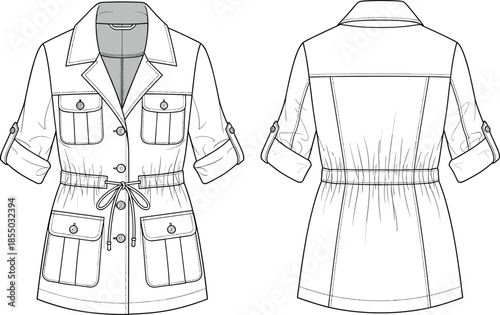 Women's utility jacket technical sketch, front and back view, button closure, flap pockets, drawstring waist, rolled sleeves, garment template