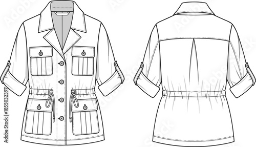 Women's utility jacket technical sketch, front and back view, button closure, patch pockets, drawstring waist, rolled sleeves, garment template