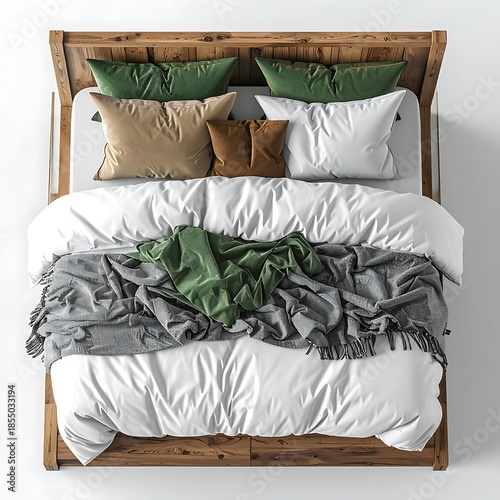 Overhead view of a bed with layered bedding and rustic wooden headboard against a bright neutral background