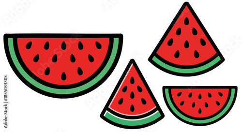Four stylized slices of vibrant red watermelon featuring black seeds and a distinct green rind illustration isolated against a solid black background perfect for summer food designs.
