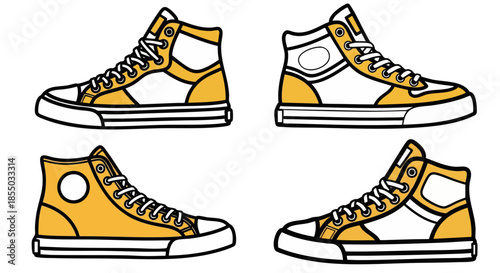 Collection of four high-top canvas sneakers illustrated in a bold graphic style featuring yellow and white panels with white laces and soles isolated against a stark black background perfect for fashi