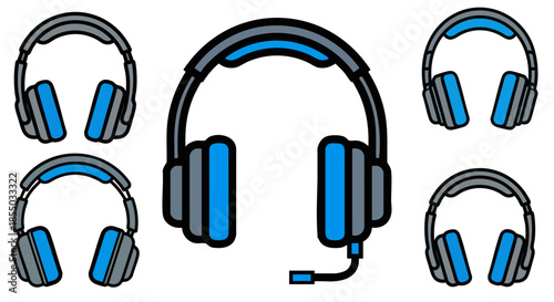 Collection of stylized over-ear stereo gaming and communication headset icons featuring blue and gray color accents against a pure black background illustrating various frontal views of audio gear.