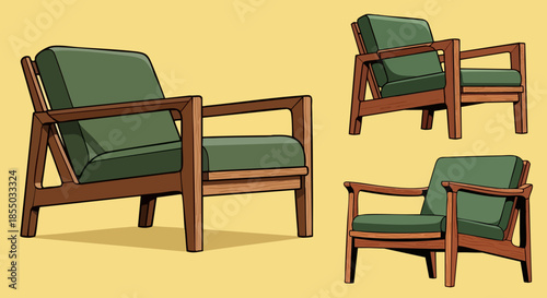 Collection of mid-century modern armchair illustrations featuring distinct wooden frames and comfortable deep green upholstered cushions shown from various perspectives for interior design projects.