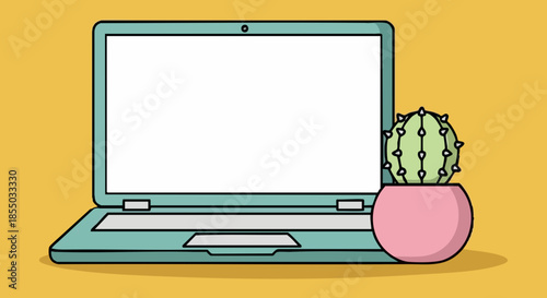 Minimalist illustration depicts a light blue open laptop computer with a blank white screen positioned next to a small potted pink cactus illustration on a solid warm yellow background ideal for digit