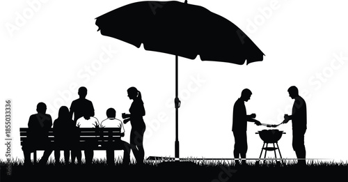 Family barbecue picnic silhouette under garden umbrella, outdoor summer gathering, people socializing and grilling, leisure lifestyle, black white illustration