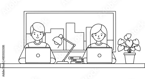 Two people working on laptops at a desk with a plant Vector