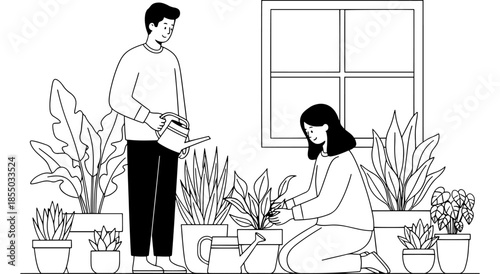 Couple tending to potted plants indoors near a window Vector