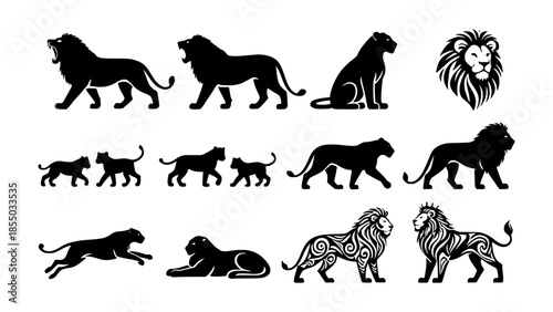 Majestic Lion Silhouette Vector Icon Set in Solid Style for Wildlife and Safari Themes