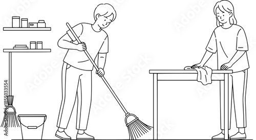 Couple cleaning room together, one sweeping and other wiping table Vector