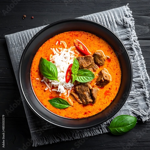Overhead view of a black bowl with vibrant orange curry, rice, beef, basil and red peppers on a gray cloth
