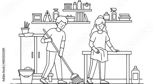 Couple cleaning a room together with brooms and cloths Vector