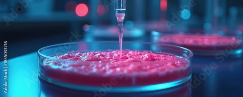 Pink liquid drips into petri dish from pipette. Lab equipment analyzes culture growth in shallow glass container. Science research creates new remedy or vaccine.