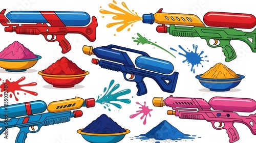 An assortment of colorful pichkaris and bowls of gulal are arranged together.