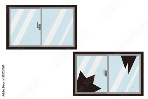 窓ガラスと割れ窓のセット