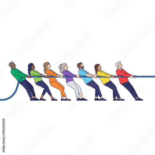 A diverse team of unified employees works together, pulling a massive burden in this flat 2D vector illustration, symbolizing shared responsibility and collaborative strength.