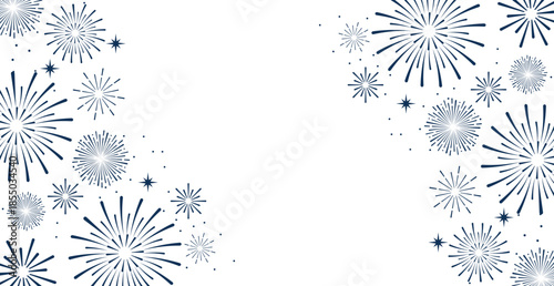 Elegant blue fireworks burst and sparkling stars on clean white background, festive celebration illustration for New Year, holiday party, greeting card, luxury event design, minimalist style vector.