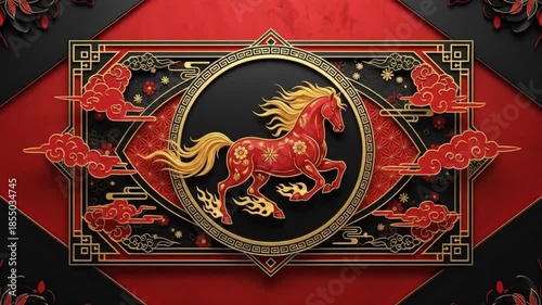 Elegant Chinese New Year greeting background featuring golden horse zodiac ornament, red decorations, warm cinematic lighting, realistic photo style