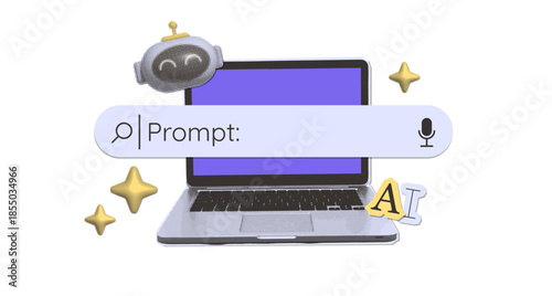 Trendy Halftone Collage with Artificial intelligence and digital searching isolated concept. Laptop with search bar,prompt. AI powered search engine. Generate content. Mixed media vintage vector art.