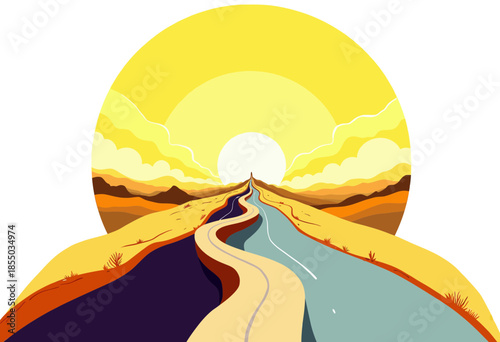 Vibrant Artistic Landscape Featuring Dual Roadways Leading into a Glowing Sunset with Surrounding Desert and Distant Mountain Range in a Minimalist Style