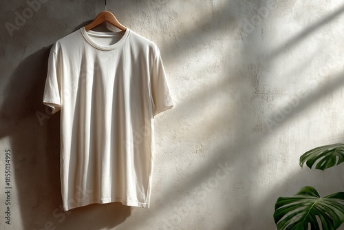 Blank cream t-shirt mockup, hanging on a wooden hanger against a textured wall with monstera plant and window light. Simple cotton tee template