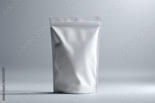 White stand up pouch, blank mock up package bag for powder, supplement, tea. Realistic empty blank stand up pouch on light grey background.