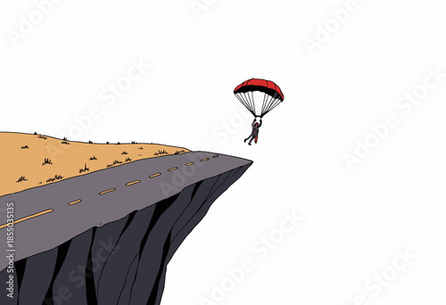 Adventurous Individual Paragliding Off Cliff Edge Towards Open Sky Capturing Thrill and Sense of Freedom in Minimalistic Cartoon Artwork