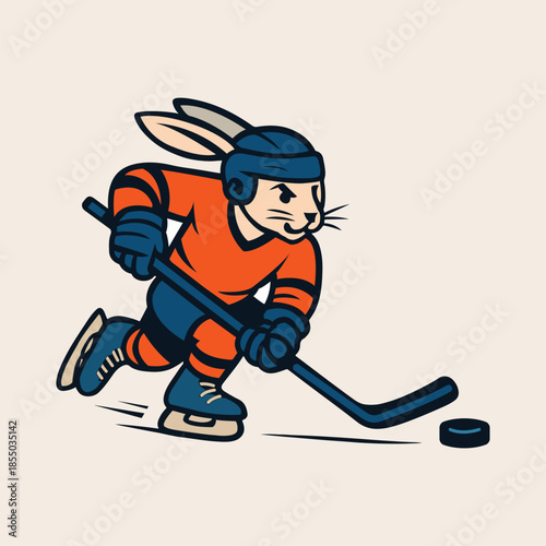 Rabbit Ice Hockey Mascot Vector, Cute Cartoon Rabbit Playing Hockey Vector, Winter Sports Bunny Illustration with Stick and Puck for Kids 