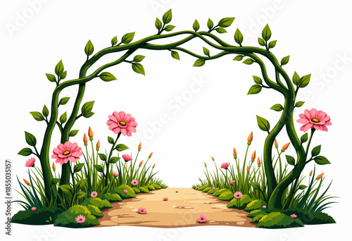 Enchanting Floral Archway Overlooking a Serene Pathway Surrounded by Lush Greenery and Colorful Blooms on a Peaceful Sunny Day