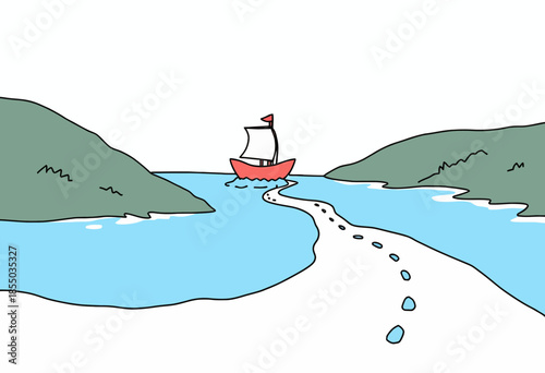 Whimsical Illustration of a Red Sailboat Navigating Between Two Verdant Hills with a Meandering Path Leading into the Serene Blue Waters
