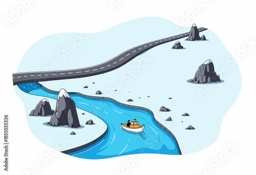 Scenic winter landscape with winding river, snowy roads, and rocky formations under a clear blue sky, featuring a solitary boat navigating the icy waters