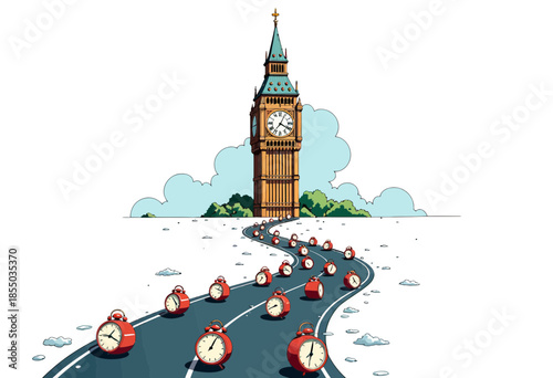 Journey of Time: Clocks Leading the Path Towards a Tower with a Spiral Road Through Clouds