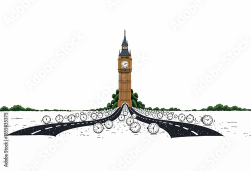Illustration of a Tower with Clocks and Diverging Roads Symbolizing Time and Journey Concepts