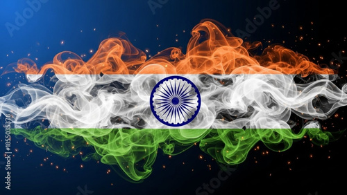 India flag in the Smoke: A vibrant representation of India's flag, rendered through dynamic smoke effects, embodies the spirit of the nation with its saffron, white, and green hues.