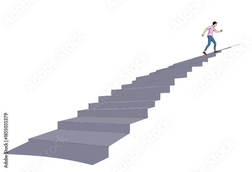 Illustration of a solitary figure ascending an endless staircase against a minimalistic bright background symbolizing personal growth and determination