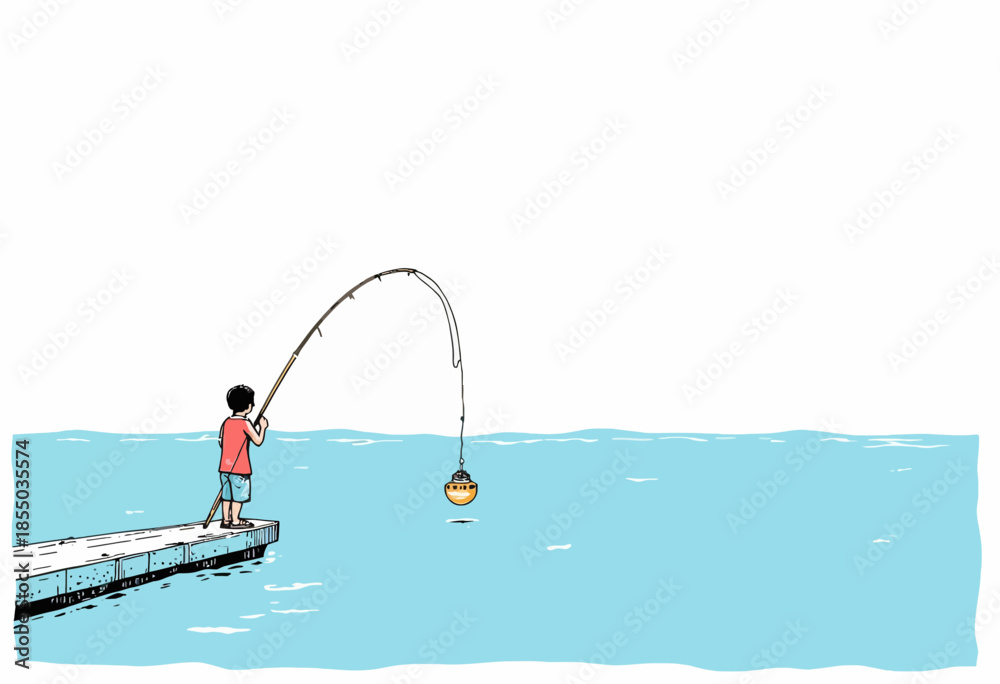 Naklejka premium Young Fisherman on Wooden Dock Casting Line with Fishing Rod into Calm Blue Waters under Clear Sky